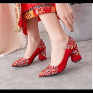 Red Satin Embroidered Chinese-Style Heels